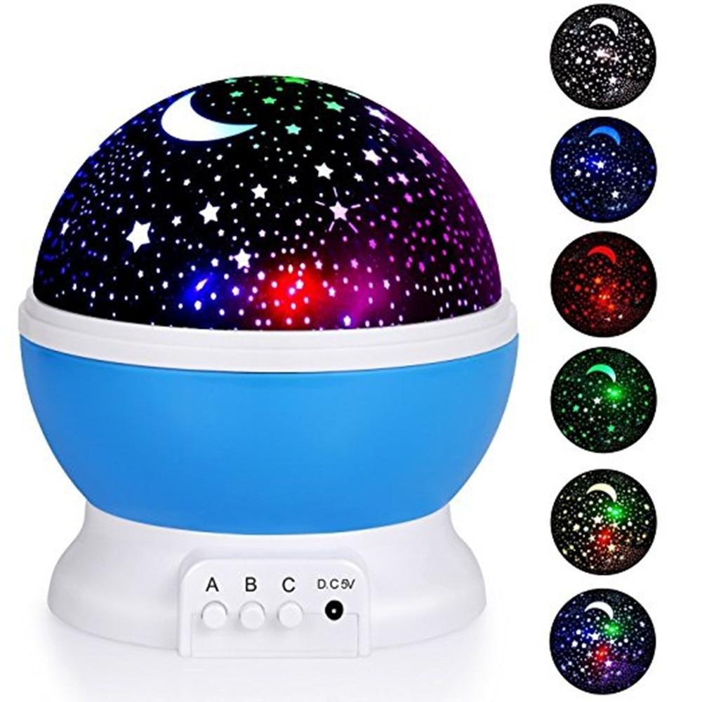 LED starry night light projector casting colorful stars onto a child's bedroom ceiling