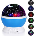 LED starry night light projector casting colorful stars onto a child's bedroom ceiling