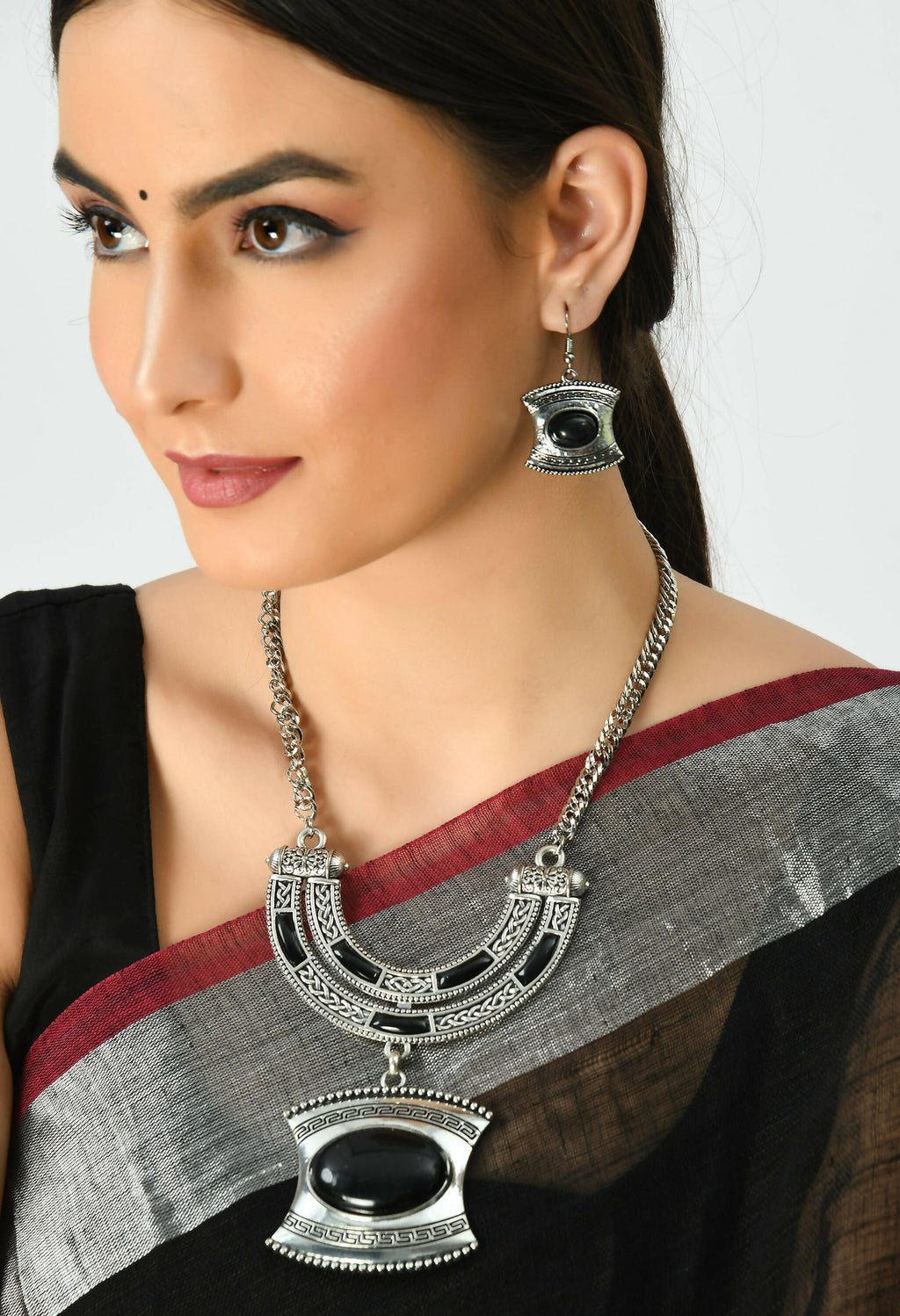 Oxidised Silver-Plated Stone Work Long Necklace for Women