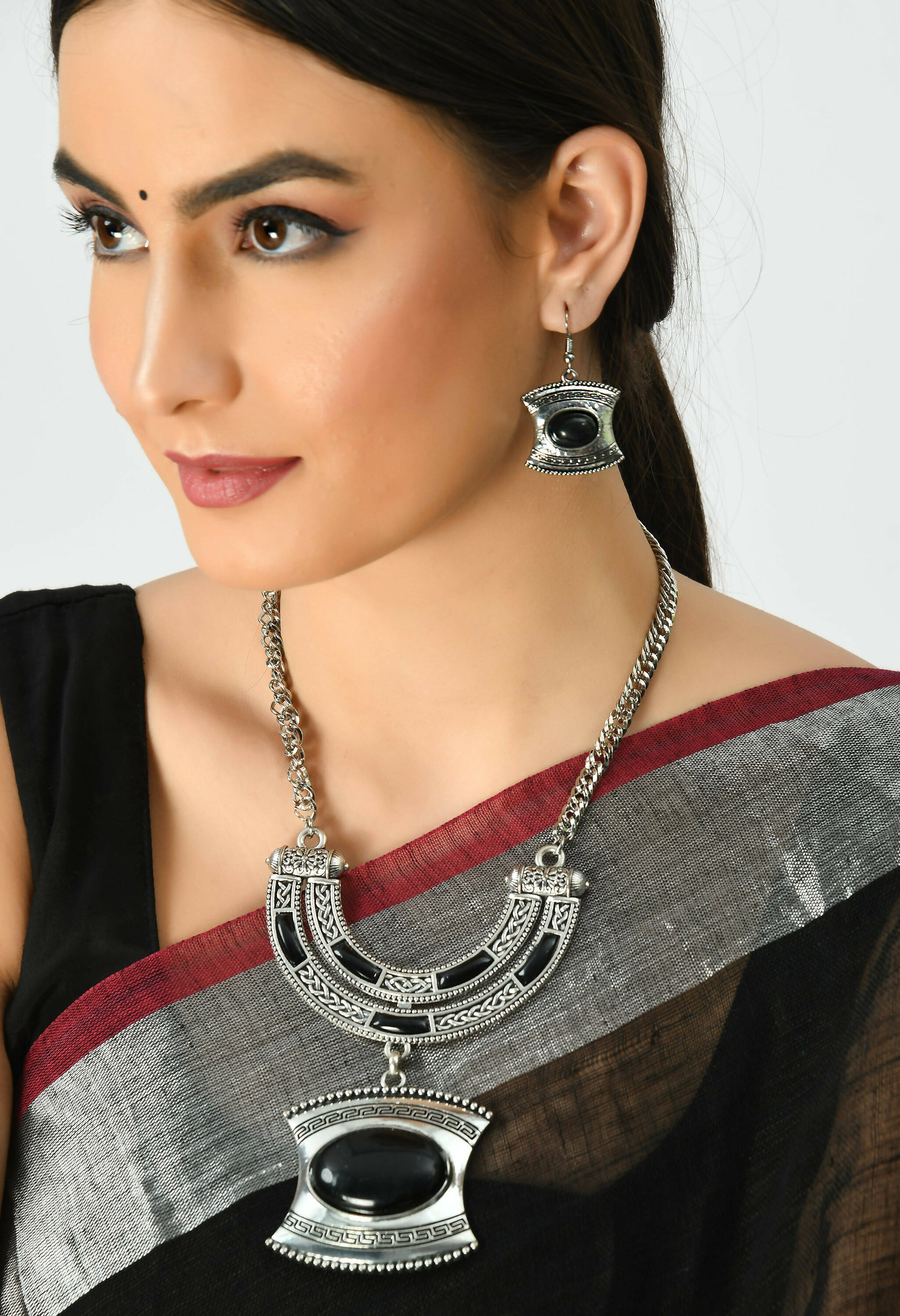Oxidised Silver-Plated Stone Work Long Necklace for Women