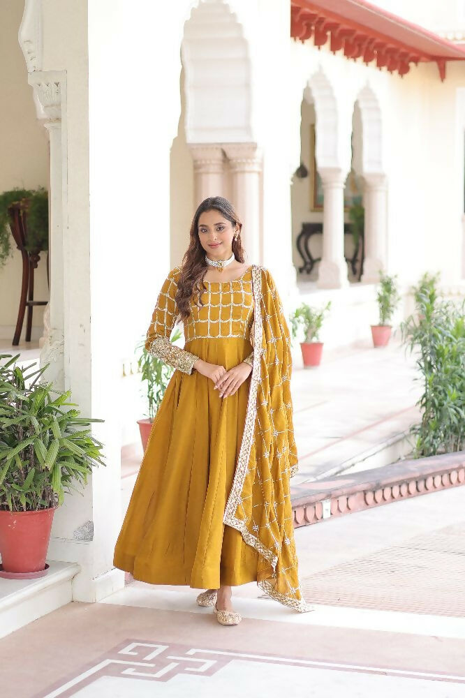 Yellow Silk Kurta Set with Sequins, Zari & Thread Embroidery