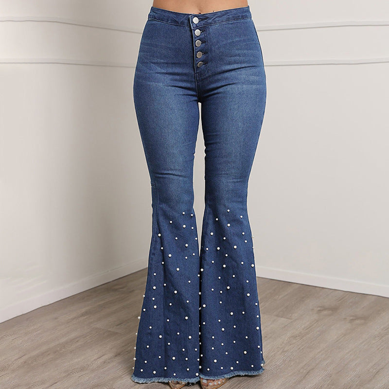 Pearl Beaded Skinny Denim Jeans | Black Blue Slim Fit