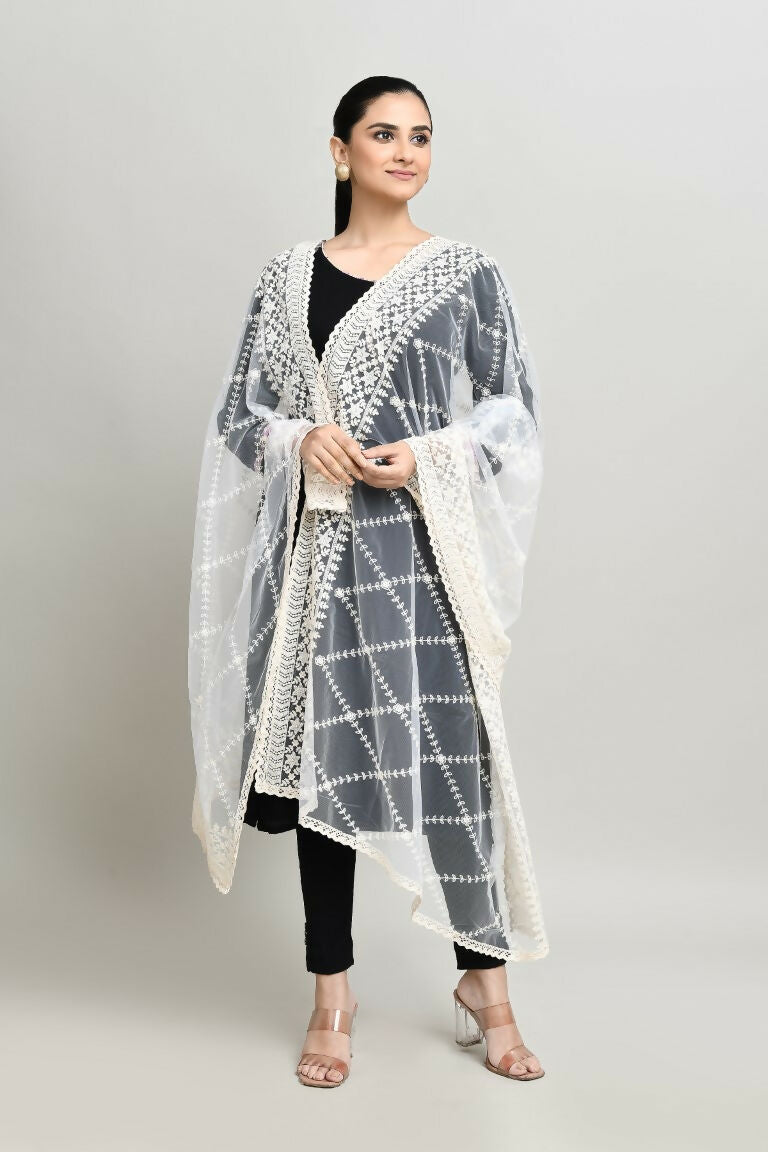 White Cotton Pakistani Karanchi Dupatta with Elegant Embroidery