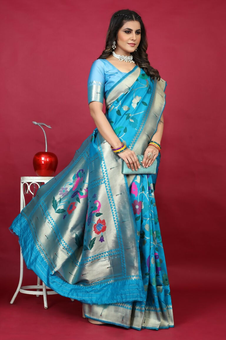 Sky Blue Paithani Silk Saree with Zari Woven Border and Blouse