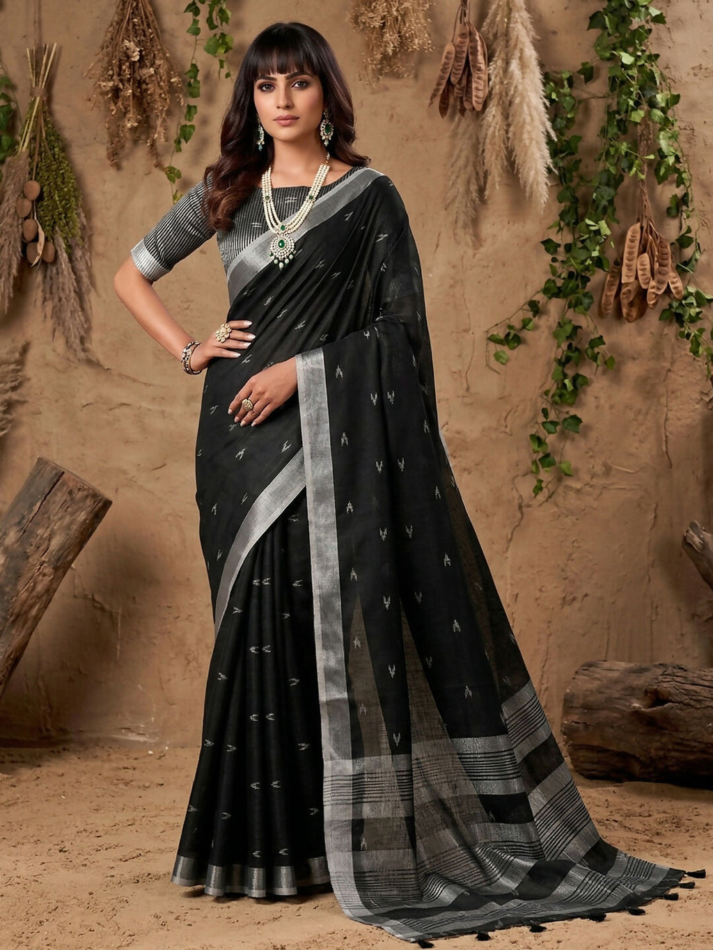 Elegant black linen cotton saree with matching fabric for blouse, drape detail
