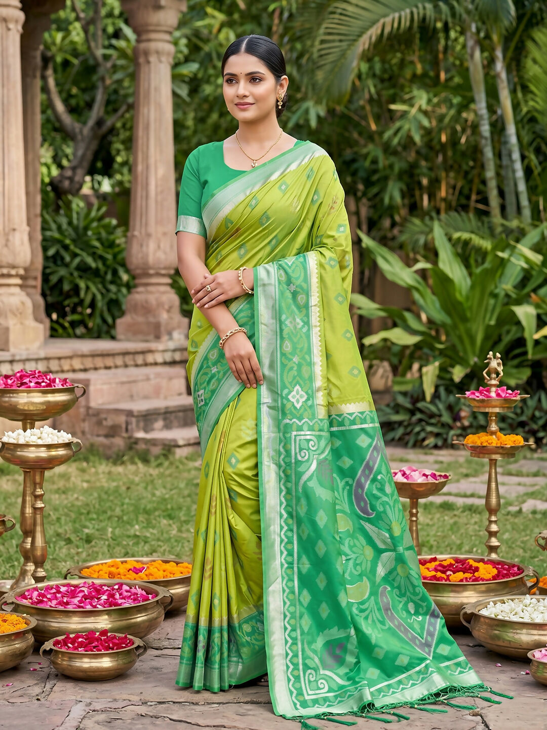 Elegant light green soft silk saree with matching blouse piece