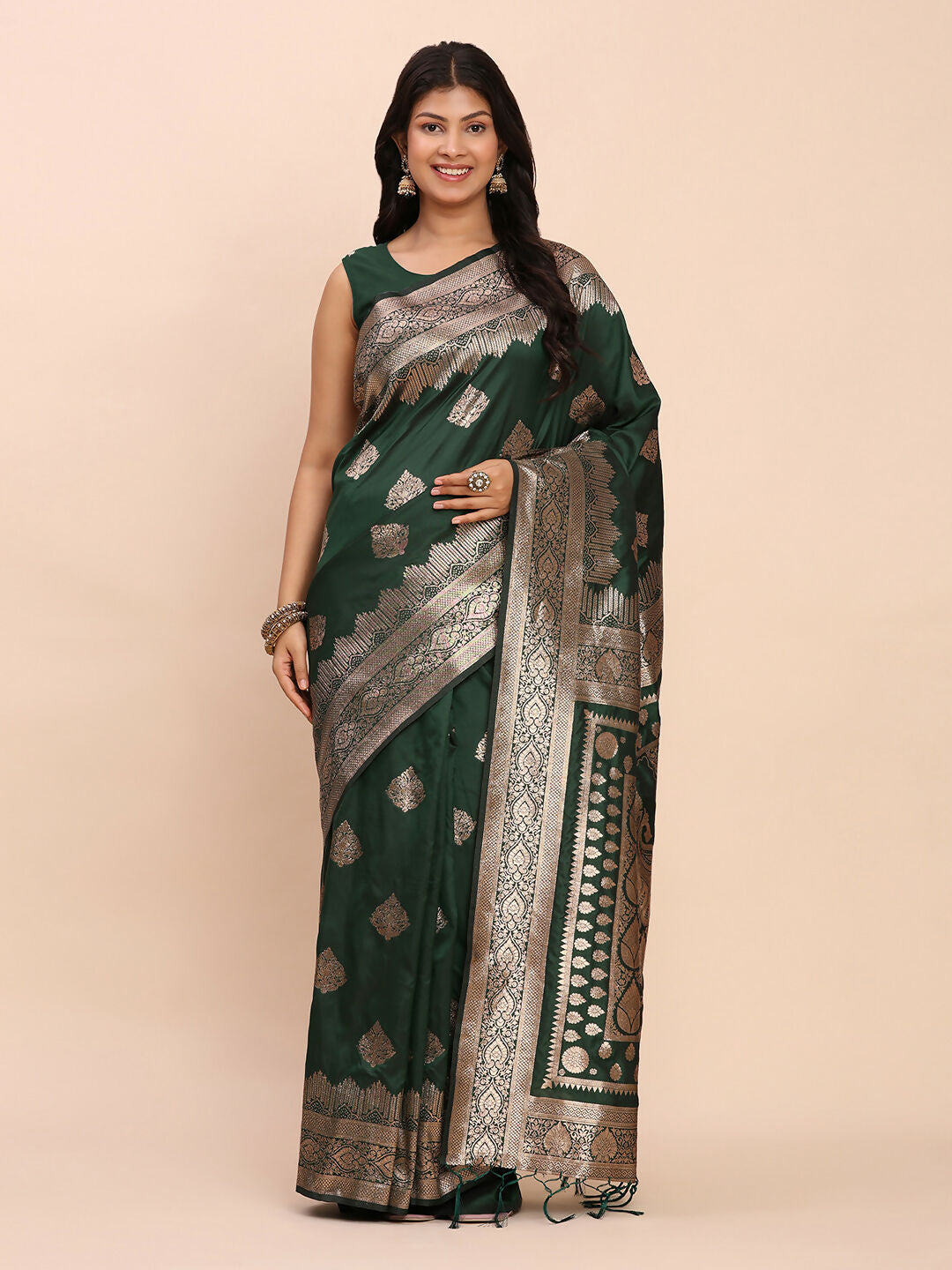 Green Banarasi Silk saree with traditional weave and matching blouse