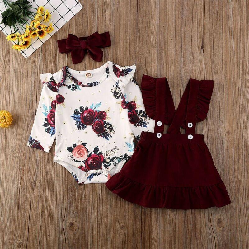 Baby Girl Floral Romper Jumpsuit & Skirt Set with Headband