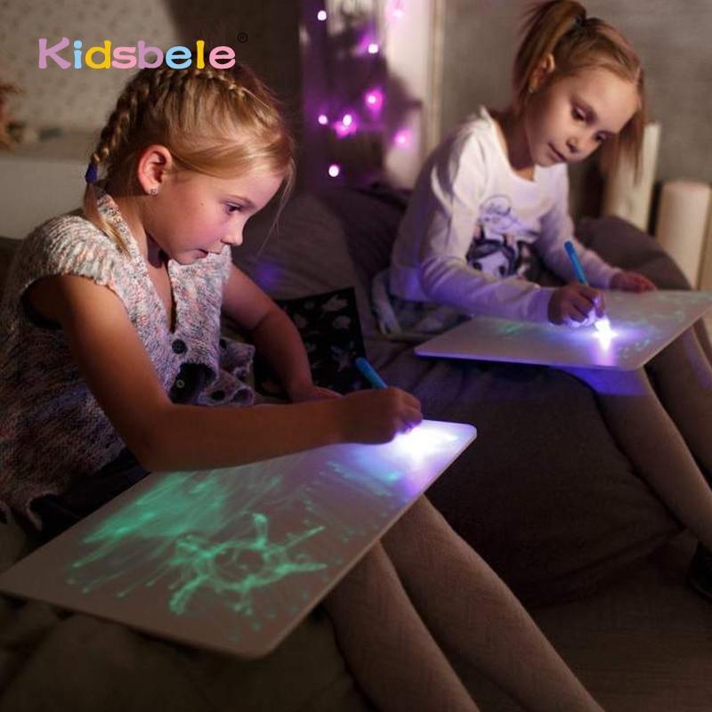 Interactive kids LED drawing board in white and blue with glowing light effects for bedroom play