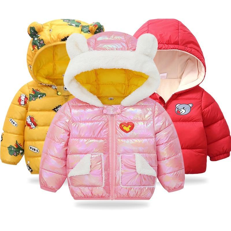 Infant winter jacket with hood and ear details in solid color, perfect for baby boys and girls