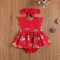 Baby girl wearing a summer lace romper dress with a matching headband and cute cartoon print