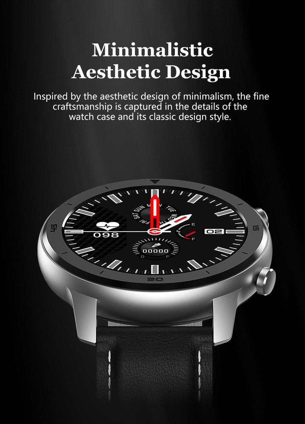 Luxury Round Business Smart Watch with Heart Rate Monitor and Leather