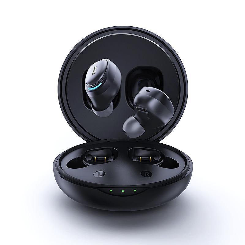 Mifa luxury wireless earbuds in a black and white charging case, minimalist aesthetic.