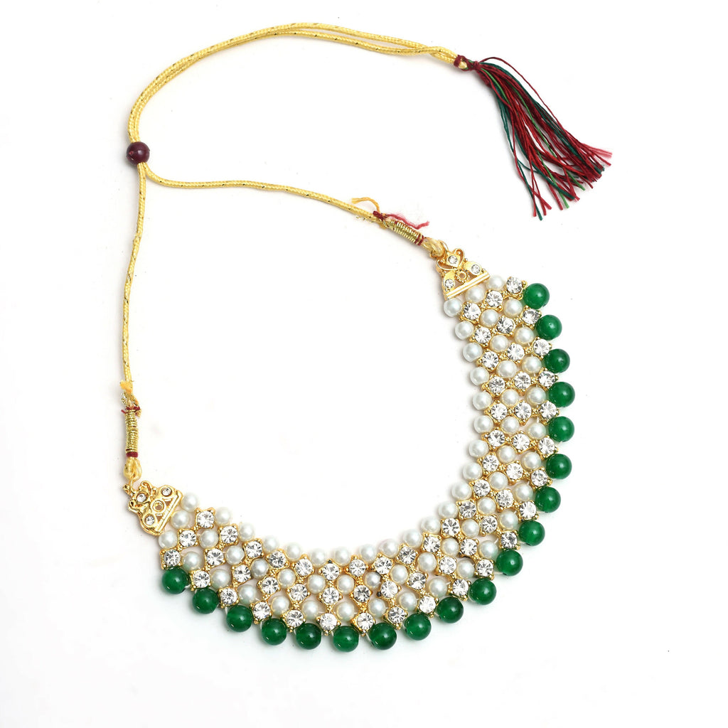 Gold-Plated Rani Haar Long Necklace with Cream and Green Pearls