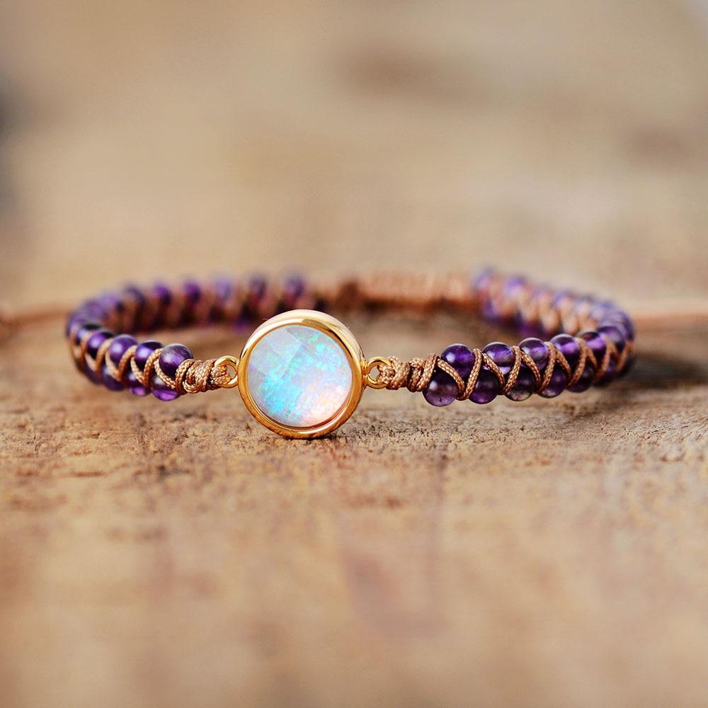 Handmade bohemian style sunflower and pearl charm bracelet in purple and gold