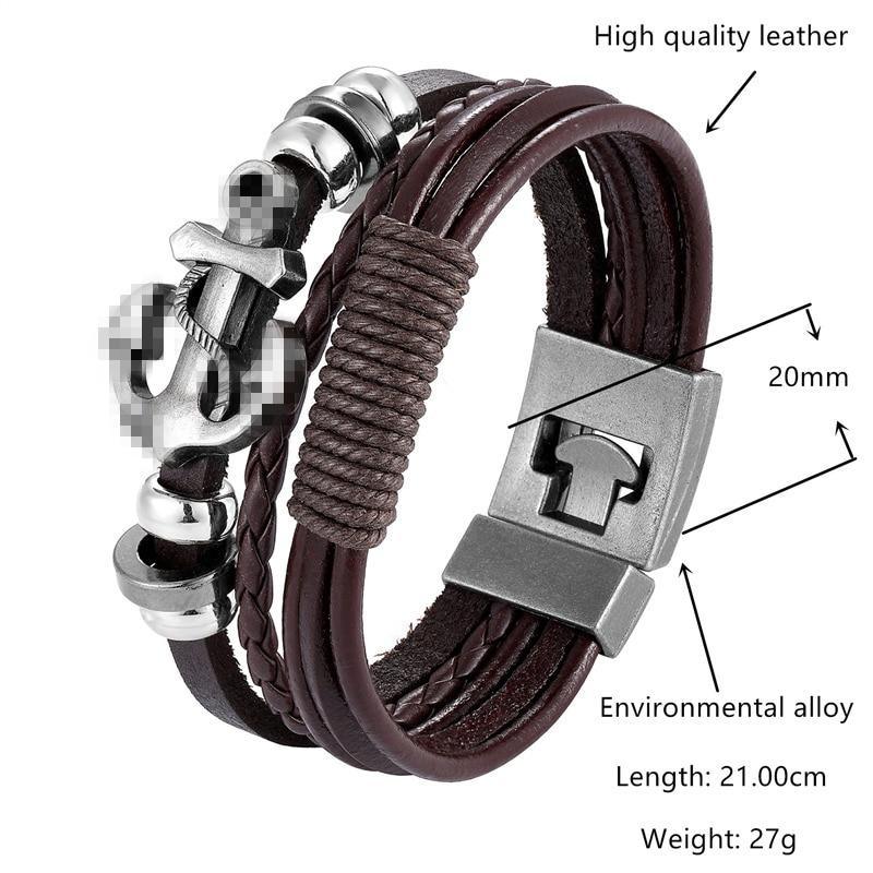 Multilayer Braided Leather Anchor Bracelet with Magnetic Clasp