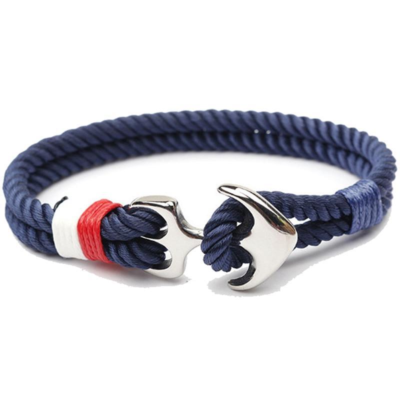 Unisex nautical anchor rope bracelet in blue, red, and white with a silver anchor clasp.