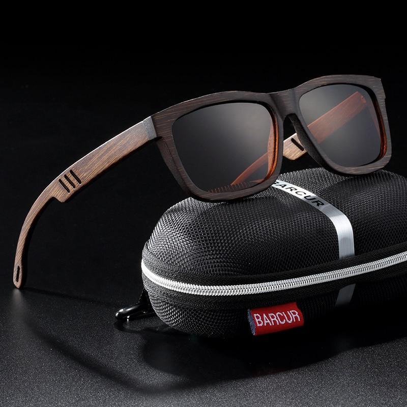 Elegant square sunglasses with natural zebra wood arms and polarized lenses