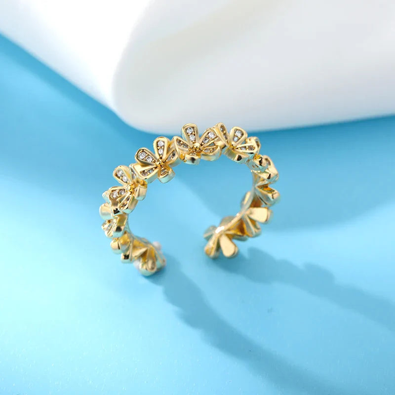 Ladies Flower Open Rings For Women Stainless Steel Cubic Zircon Flower Open Adjustable Ring Jewelry Students Girl Gift