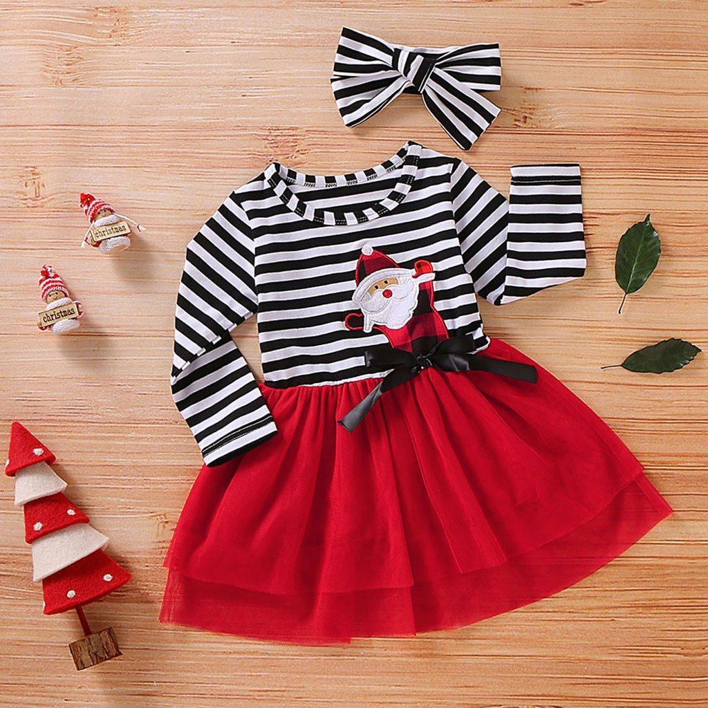 Newborn Baby Girls Long Sleeve Christmas Santa Striped Dress