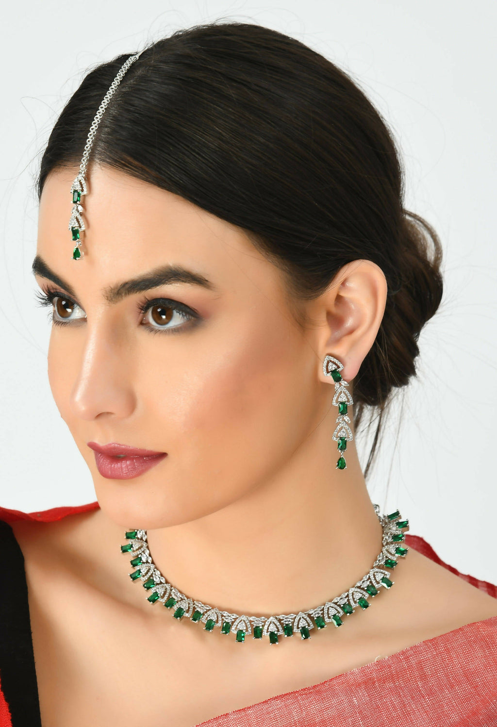 Silver-Plated American Diamond Green Choker Necklace Set