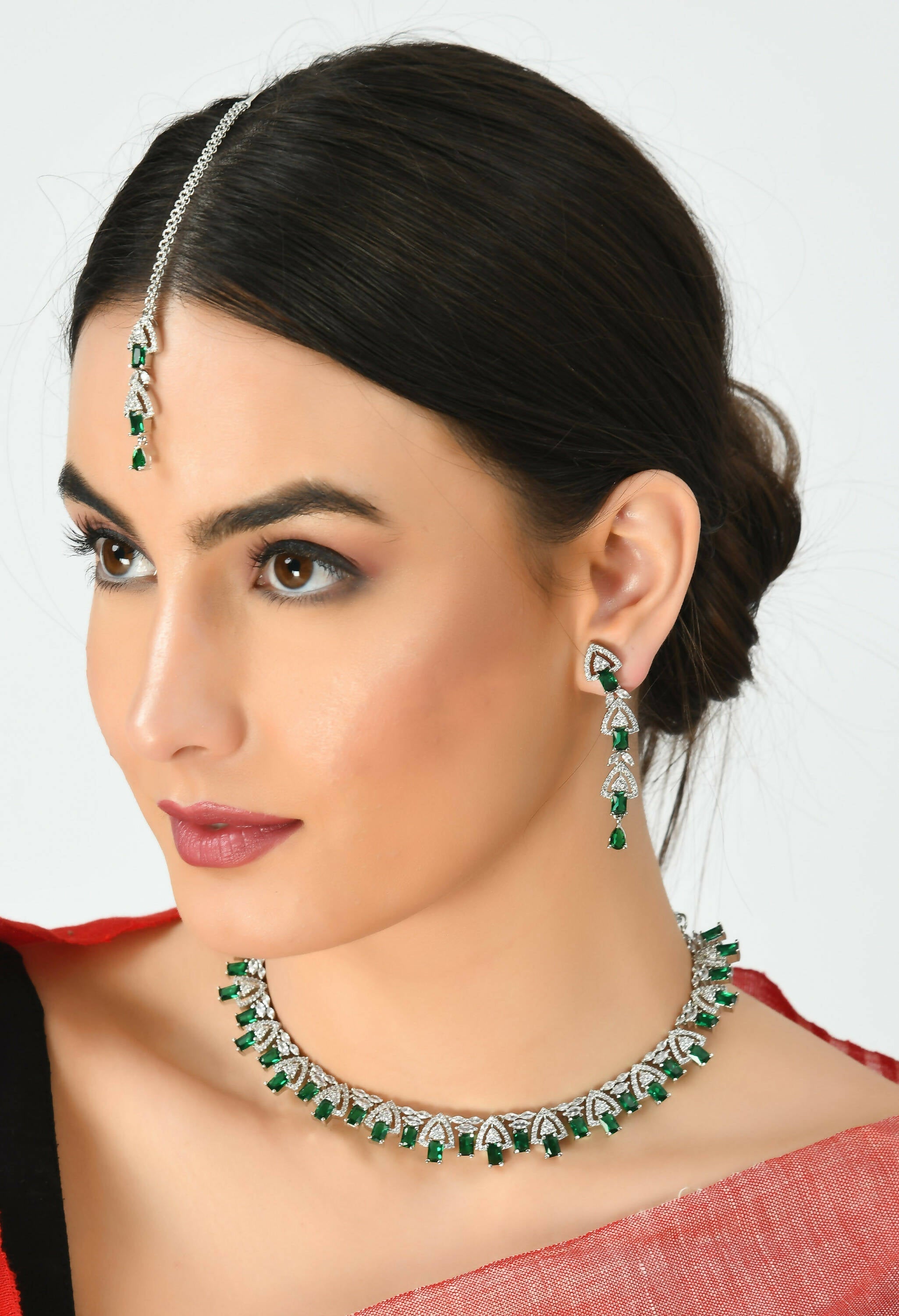 Silver-Plated American Diamond Green Choker Necklace Set