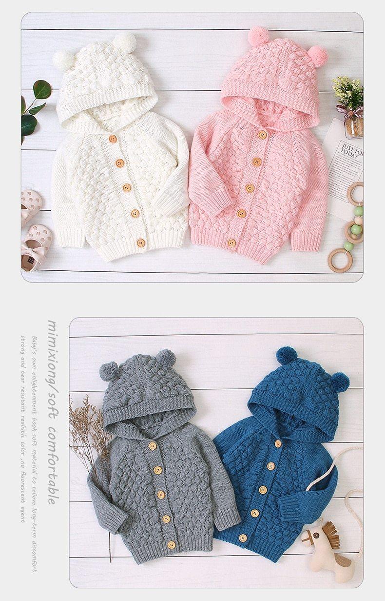Infant Striped Knit Cardigan Coat with Bear Ear Hood