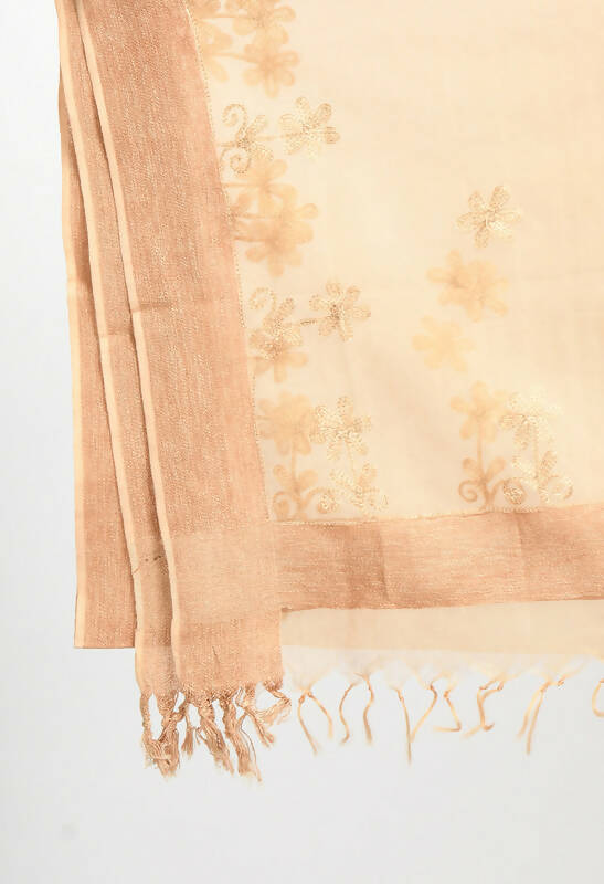 Golden Organza Dupatta with All-Over Chikan Embroidery