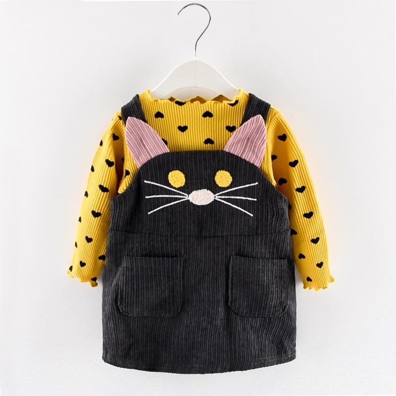Girls 2-Piece Long Sleeve Dot T-Shirt and Cat Strap Dress Set