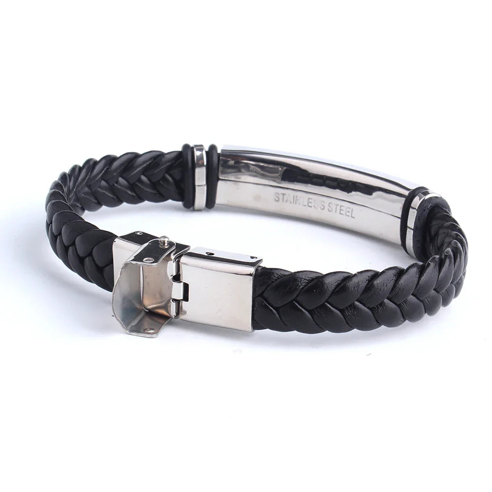 Custom logo Name Engrave Leather Bracelet Black Color customize Stainless Steel Bracelets For Women Men ID Bracelet