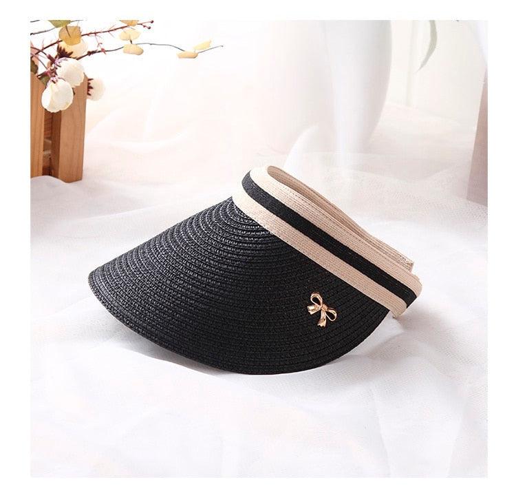 Vintage Straw Visor Hat with Bowknot - Open Top Beach Cap