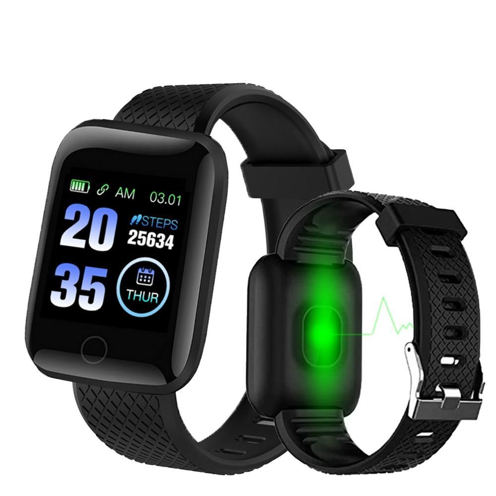 Unisex 116 Plus smart fitness tracker with a touch-screen display in black and red