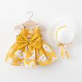 Luxury Modern Summer Bow Print Dress and Matching Hat Set for Girls