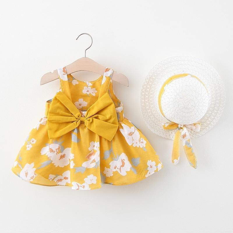 Luxury Modern Summer Bow Print Dress and Matching Hat Set for Girls