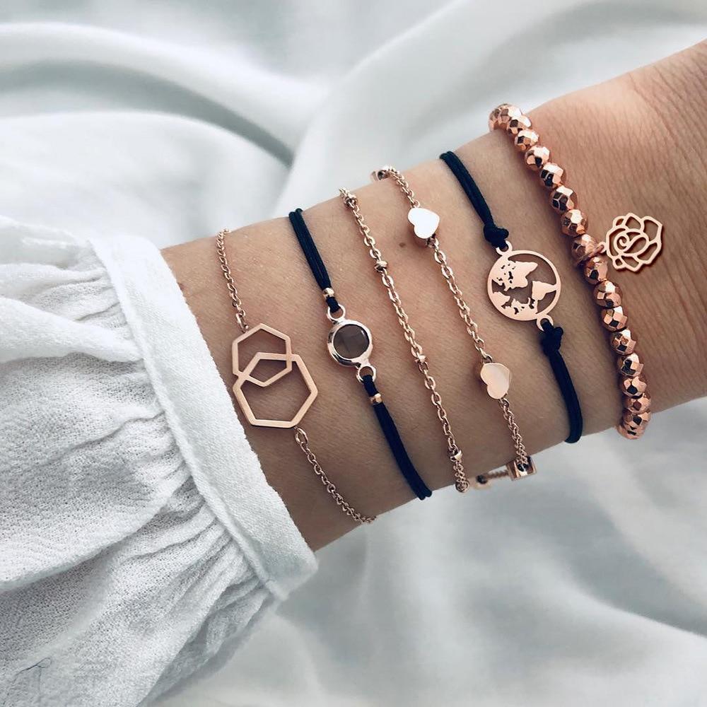 Boho Rose Map Charm Multi-Layer Bracelet Set for Women