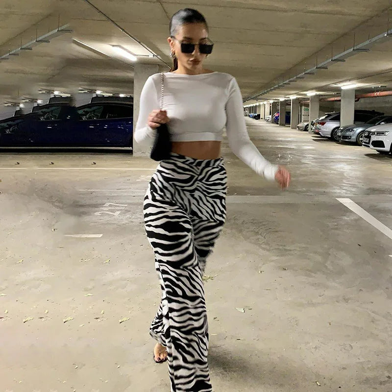 Women's Zebra Print High Waist Wide Leg Pants Casual Trousers - Image 22