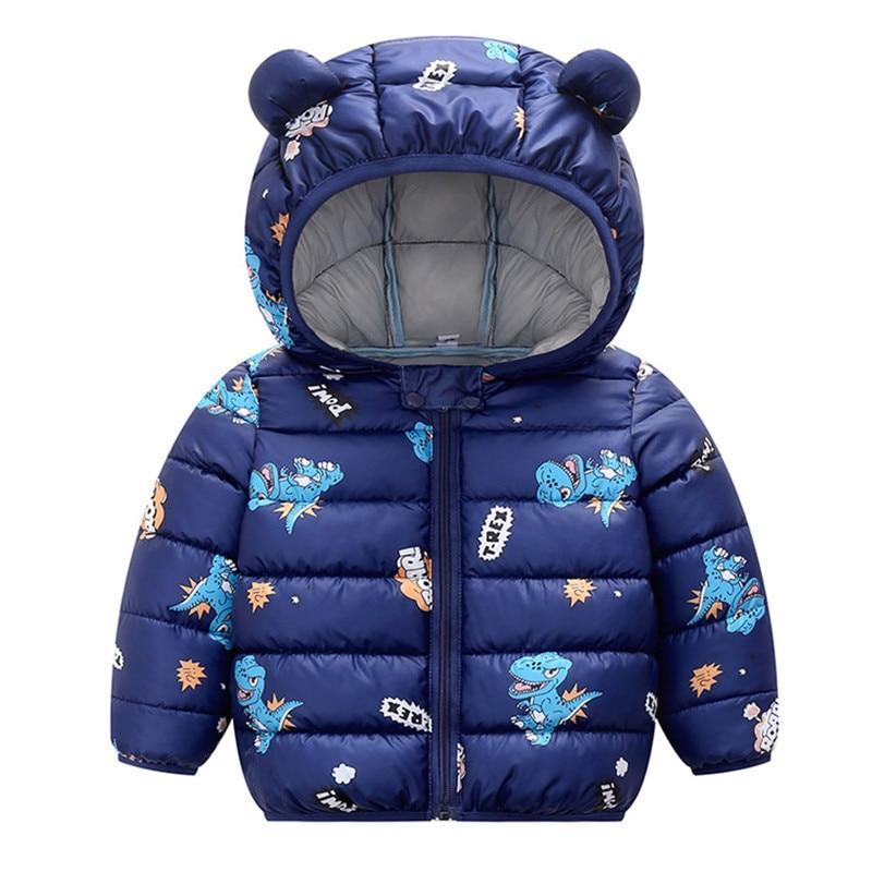 Kids playful winter jacket with bear ears in blue, yellow, and pink