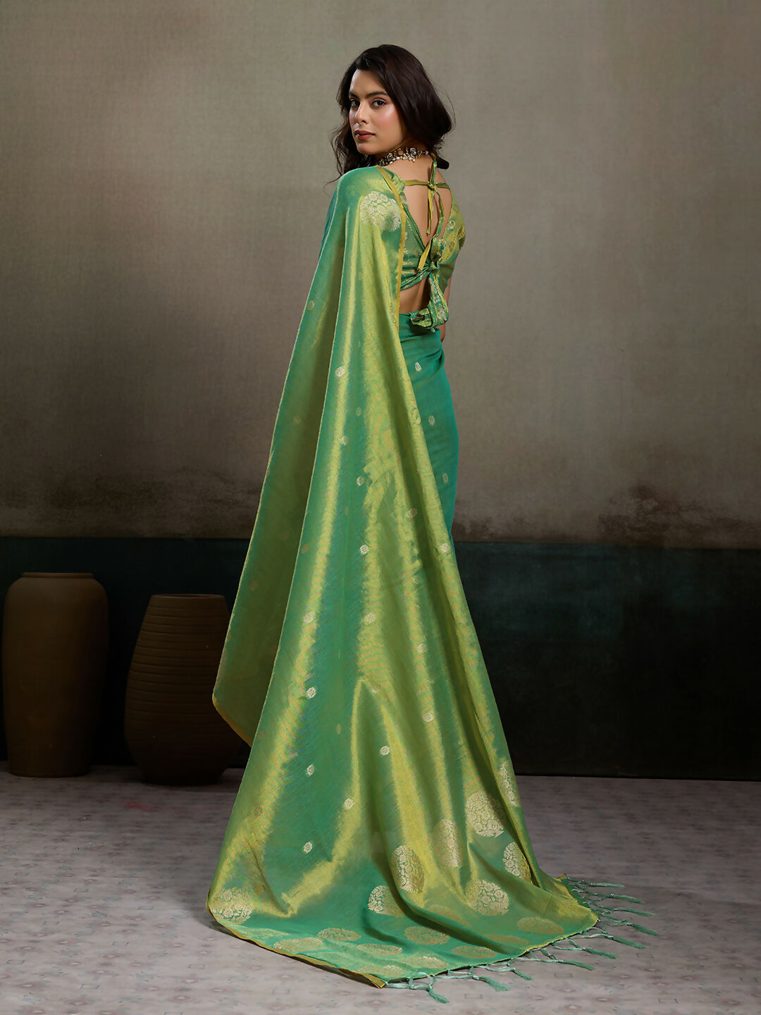 Green Tissue Silk Saree with Matching Elegant Blouse