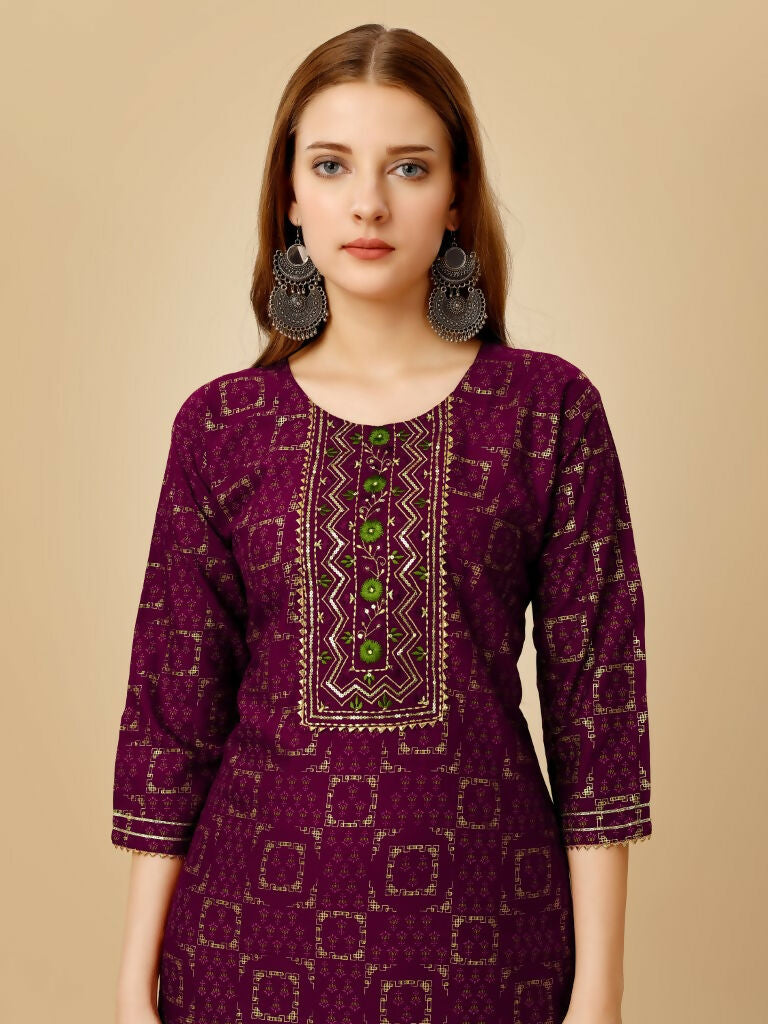 Women's Wine Embroidered Rayon Kurta Pant Set Straight Calf Length