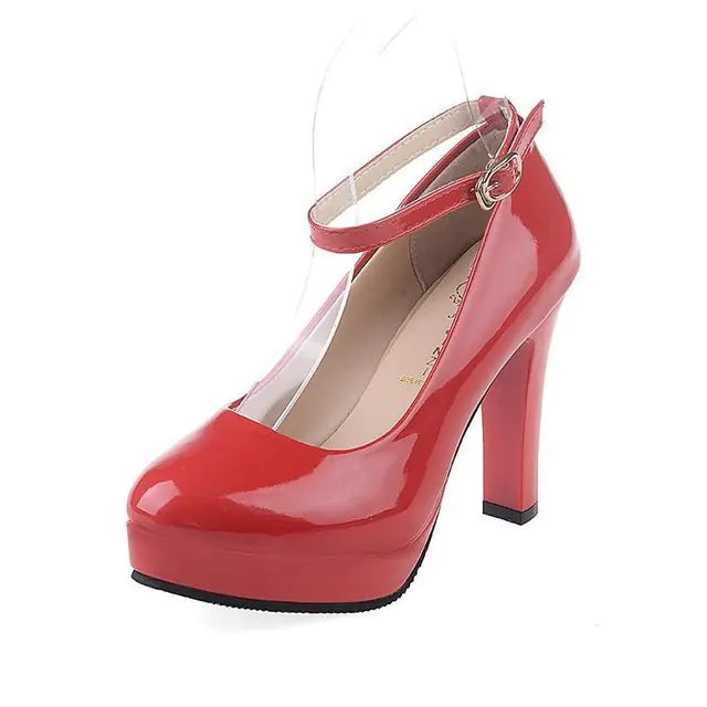 Women's Round Toe Buckle Platform High Heels in White and Red - Image 3