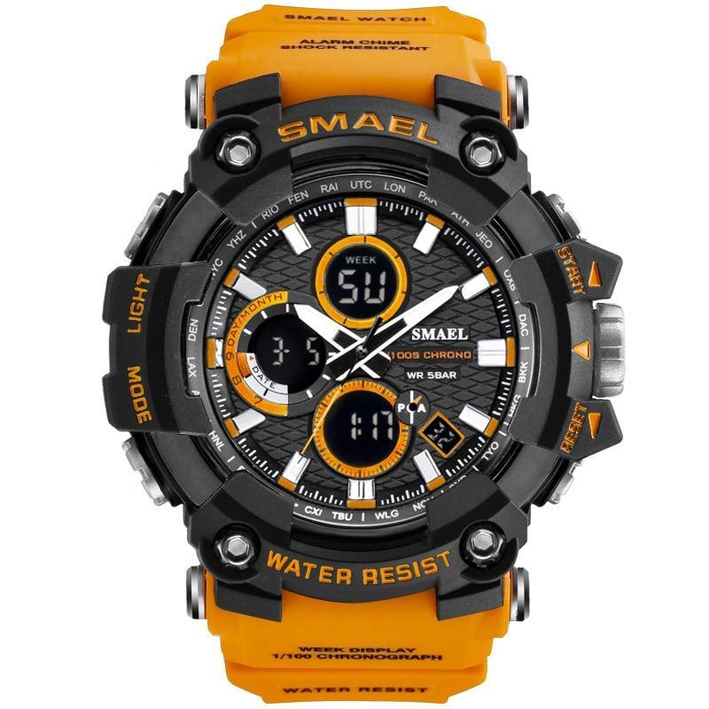 Men's military sports digital watch in black and orange with durable shock-resistant casing.