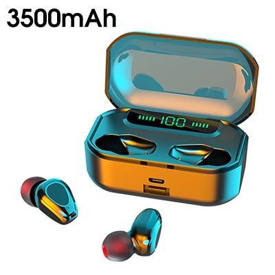 S11-TWS wireless gaming earbuds in metallic blue and orange with 3500mAh charging case
