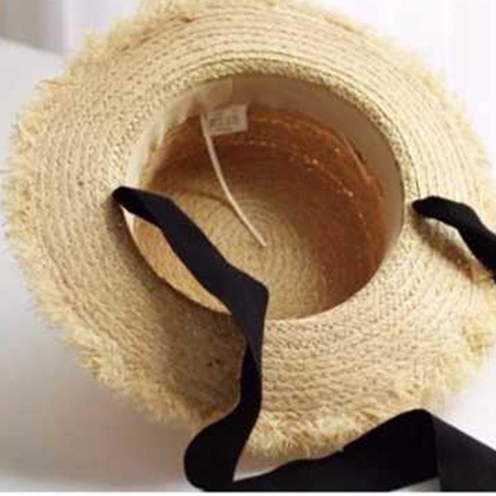 Vintage Straw Wide Brim Sun Hat with Black and White Bowknot