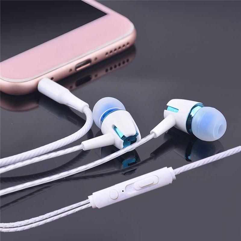 Modern wired earphones with microphone and volume control in white, gold, and blue.