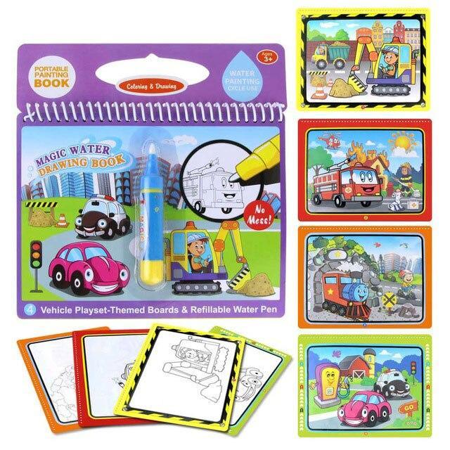 A colorful reusable magic water drawing book for kids resting on a modern playroom surface.