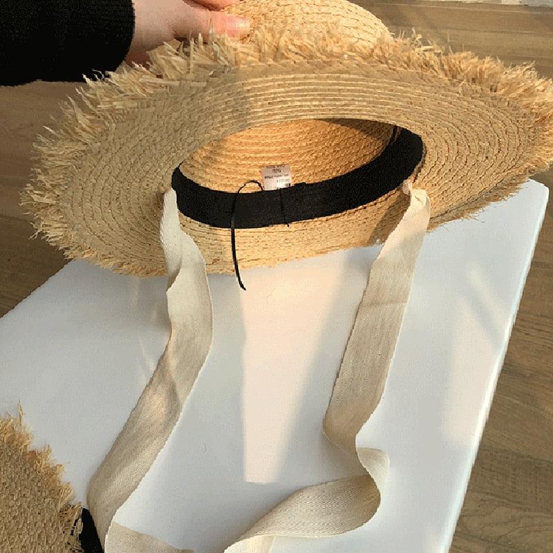 Vintage Straw Wide Brim Sun Hat with Black and White Bowknot