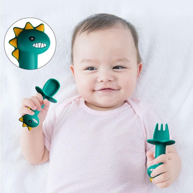 Dinosaur Baby Silicone Spoon and Fork Training Set
