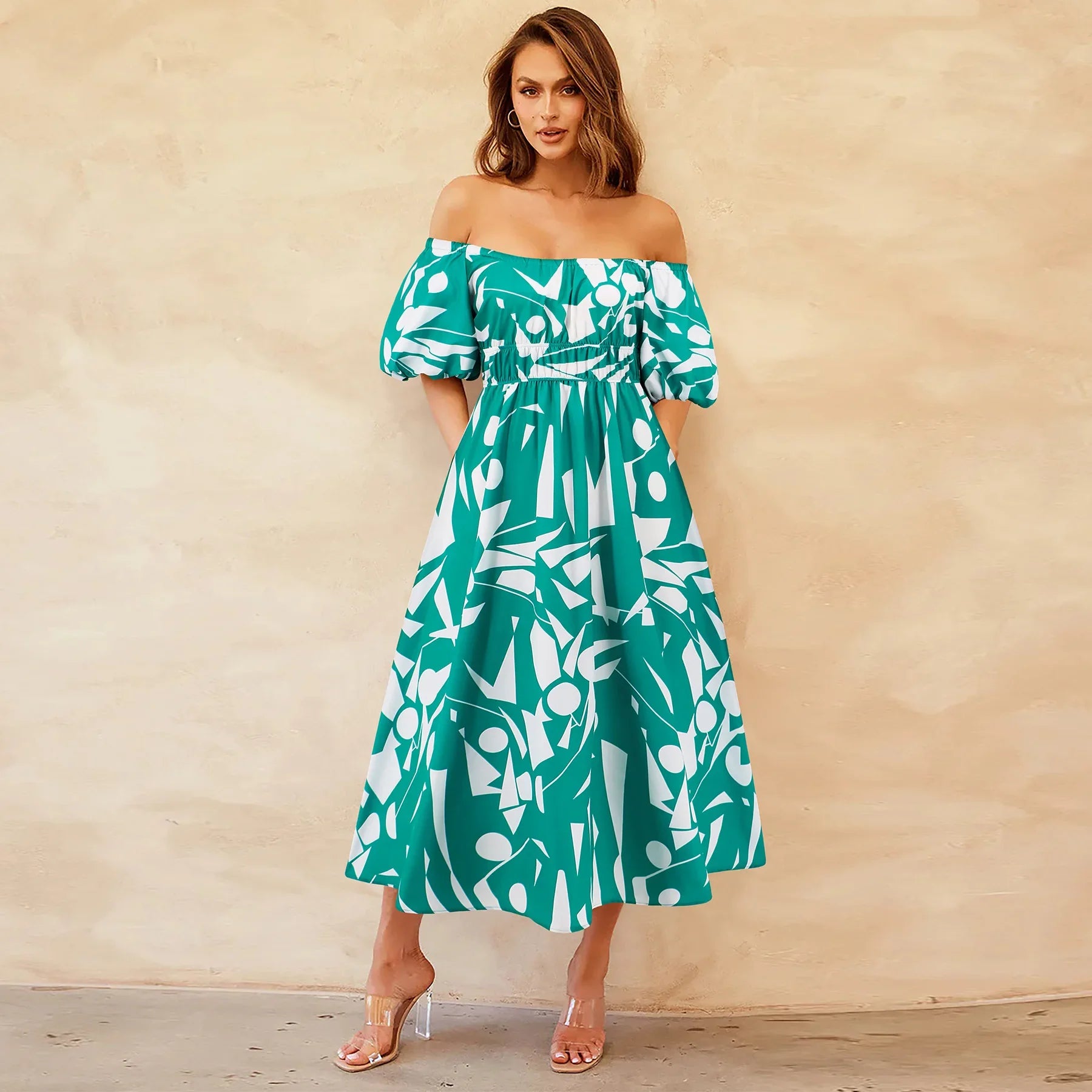 Women's Off Shoulder Bubble Sleeve Maxi Dress