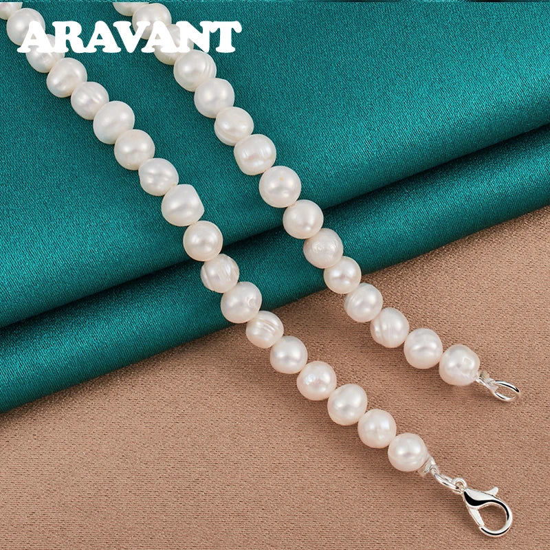 Aravant 925 Silver Freshwater Pearl Necklaces Chain For Women Wedding Fashion Jewelry