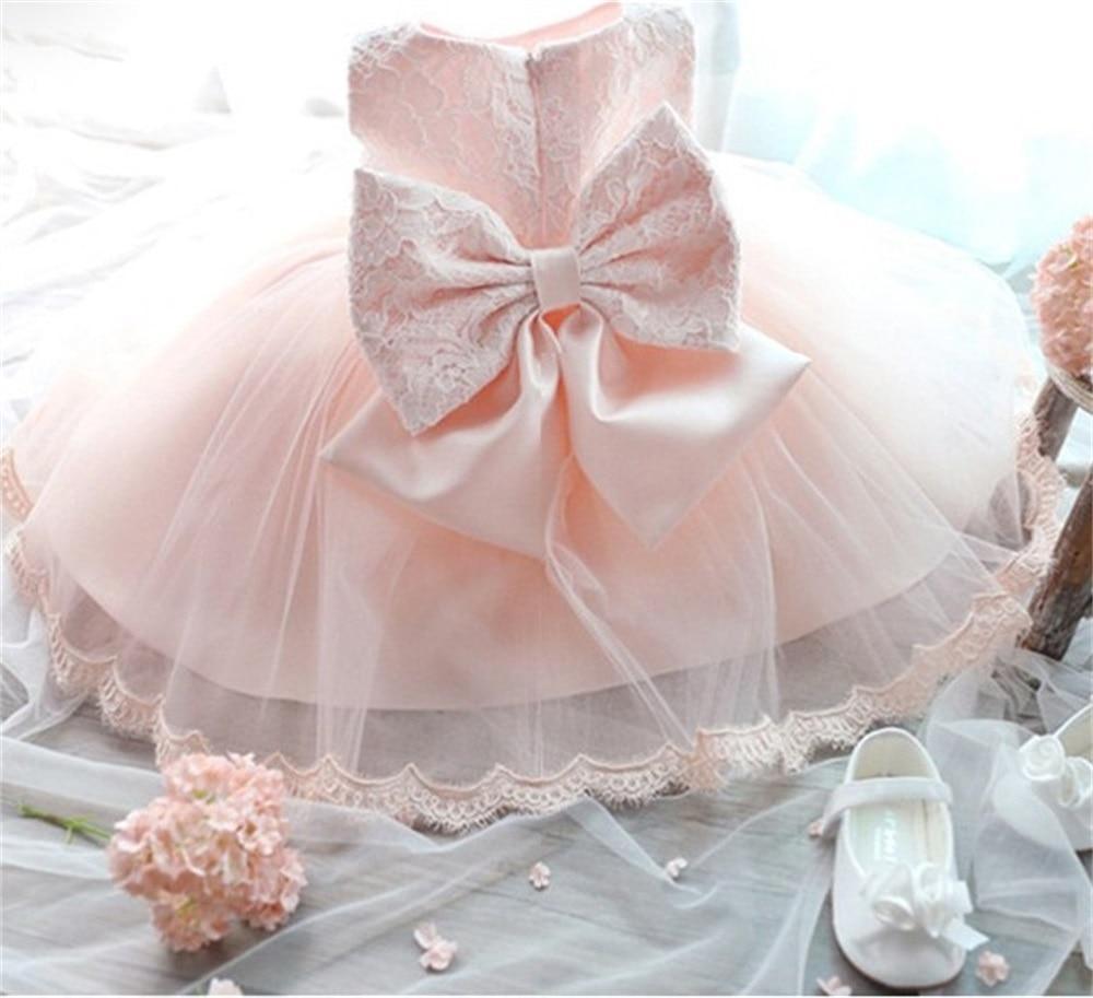 Luxury white lace baptism gown for baby girl with large bow on back